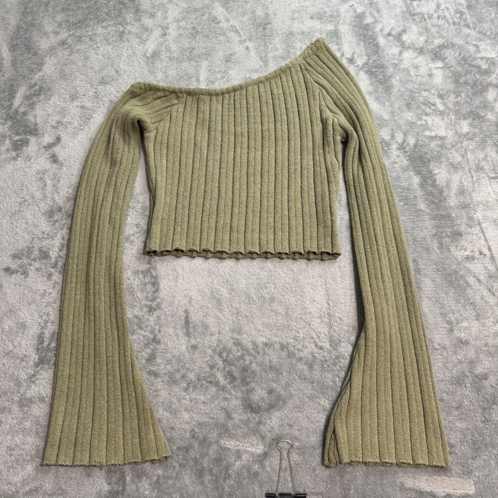 Princess Polly One Shoulder Ribbed Knit Crop Top Olive Green Flare Sleeve Sz 4